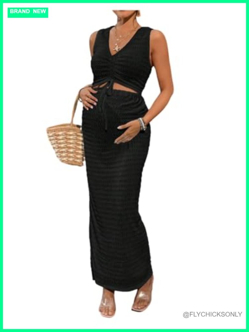 Maternity 2 Piece Outfit Sleeveless V Neck Tank Top Bodycon Maxi Skirt Set
